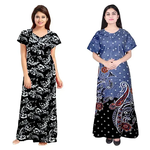 Hoorain Enterprises 100% Cotton Kaftan for Women || Long Length Printed Nighty/Kaftan/Maxi/Night Gown/Night Dress/Nightwear Inner & Sleepwear for Women's (Combo Pack of 2)