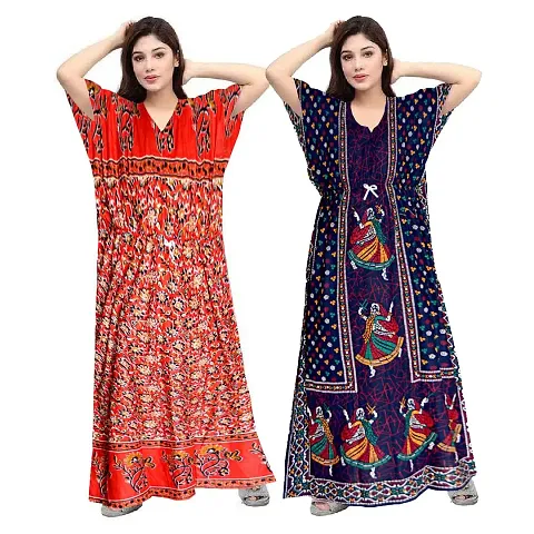 Hoorain Enterprises 100% Cotton Nighty for Women || Long Length Printed Nighty/Maxi/Night Gown/Night Dress/Nightwear Inner & Sleepwear for Women's (Combo Pack of 2)