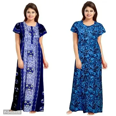 Hoorain Enterprises 100% Cotton Nighty for Women || Long Length Printed Nighty./Maxi/Night Gown/Night Dress/Nightwear Inner  Sleepwear for Women's (Combo Pack of 2) Blue