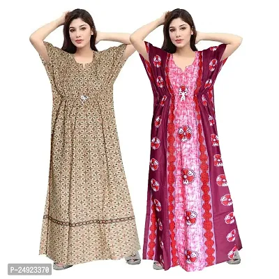 Hoorain Enterprises 100% Cotton Nighty for Women || Long Length Printed Nighty/Maxi/Night Gown/Night Dress/Nightwear Inner  Sleepwear for Women's (Combo Pack of 2)-thumb0