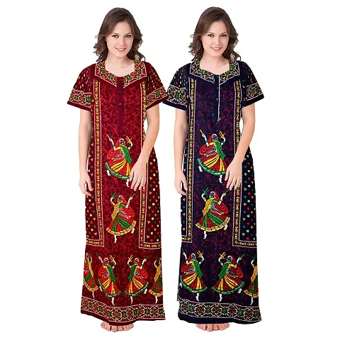 HOORANI Enterprises 100% Cotton Nighty for Women || Long Length Printed Nighty/Maxi/Night Gown/Night Dress/Nightwear Inner & Sleepwear for Women's (Combo Pack of 2)