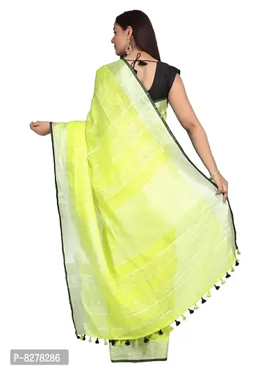 Naz Boutique Handloom Women's Bhagalpuri Linen Slub Saree With Blouse Color Paipin And Blouse Black Simple  Sober Free Size 5.5 Meter 80 Cm Blouse (Lime Green)-thumb3