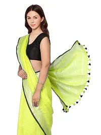 Naz Boutique Handloom Women's Bhagalpuri Linen Slub Saree With Blouse Color Paipin And Blouse Black Simple  Sober Free Size 5.5 Meter 80 Cm Blouse (Lime Green)-thumb4