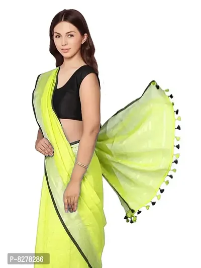 Naz Boutique Handloom Women's Bhagalpuri Linen Slub Saree With Blouse Color Paipin And Blouse Black Simple  Sober Free Size 5.5 Meter 80 Cm Blouse (Lime Green)-thumb5