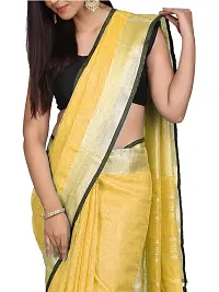 Naz Boutique Handloom Women's Bhagalpuri Linen Slub Saree With Blouse Color Paipin And Blouse Black Simple  Sober Free Size 5.5 Meter 80 Cm Blouse (Jasmine Yellow)-thumb3