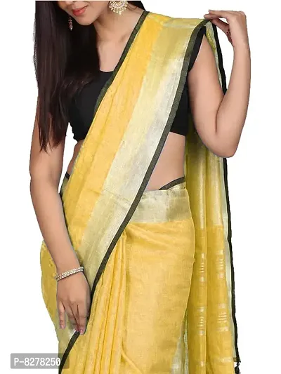 Naz Boutique Handloom Women's Bhagalpuri Linen Slub Saree With Blouse Color Paipin And Blouse Black Simple  Sober Free Size 5.5 Meter 80 Cm Blouse (Jasmine Yellow)-thumb4