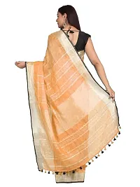 Naz Boutique Handloom Women's Bhagalpuri Linen Slub Saree With Blouse Color Paipin And Blouse Black Simple  Sober Free Size 5.5 Meter 80 Cm Blouse (Black Orange)-thumb2