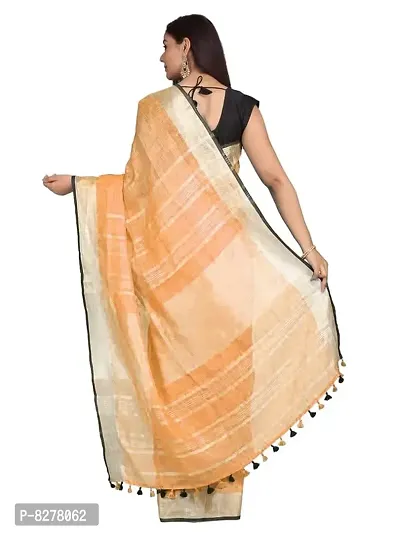 Naz Boutique Handloom Women's Bhagalpuri Linen Slub Saree With Blouse Color Paipin And Blouse Black Simple  Sober Free Size 5.5 Meter 80 Cm Blouse (Black Orange)-thumb3