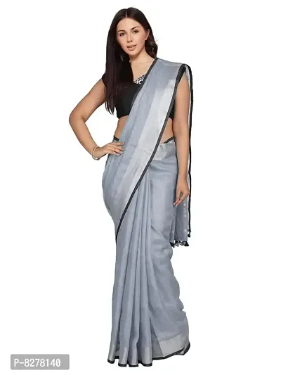 Naz Boutique Handloom Women's Bhagalpuri Linen Slub Saree With Blouse Color Paipin And Blouse Black Simple  Sober Free Size 5.5 Meter 80 Cm Blouse (Grey)-thumb0