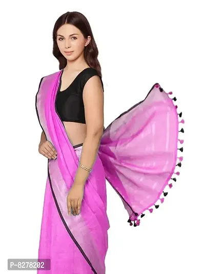 Naz Boutique_ Handloom Women's Bhagalpuri Linen Slub Saree With Blouse Color Paipin And Blouse Black Simple  Sober Free Size 5.5 Meter 80 Cm Blouse (Ultra Pink)-thumb5