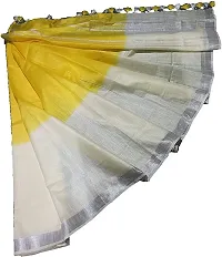 KNB Naz Boutique Handloom Women's Cotton Linen Simple And Sober Very Nice Bhagalpuri Linen-Slub Blend Two Dye Saree with Running Blouse Piece_Free Size 6.5 Meter Including Blouse (White Yellow)-thumb4