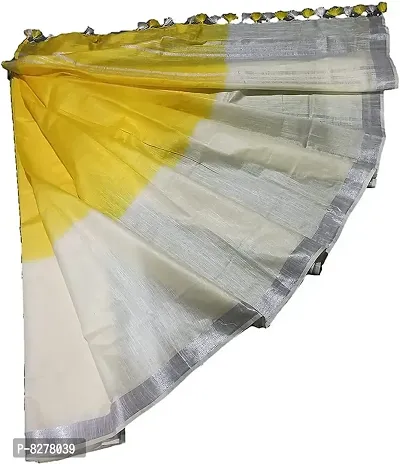 KNB Naz Boutique Handloom Women's Cotton Linen Simple And Sober Very Nice Bhagalpuri Linen-Slub Blend Two Dye Saree with Running Blouse Piece_Free Size 6.5 Meter Including Blouse (White Yellow)-thumb5