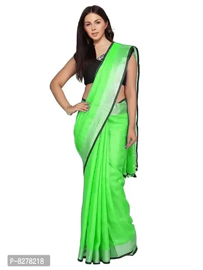 Naz Boutique Handloom Women's Bhagalpuri Linen Slub Saree With Blouse Color Paipin And Blouse Black Simple  Sober Free Size 5.5 Meter 80 Cm Blouse (Neon Green)