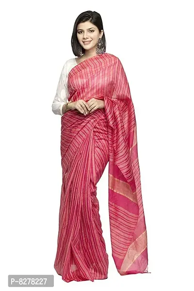 Naz Boutique Bhagalpuri Handloom Women's Cotton Art Silk Striped Saree Simple And Sober Saree With Running Blouse Light Weight Free Size 6.5 Meters Including Blouse (Rani Pink)