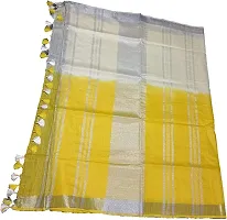 KNB Naz Boutique Handloom Women's Cotton Linen Simple And Sober Very Nice Bhagalpuri Linen-Slub Blend Two Dye Saree with Running Blouse Piece_Free Size 6.5 Meter Including Blouse (White Yellow)-thumb2