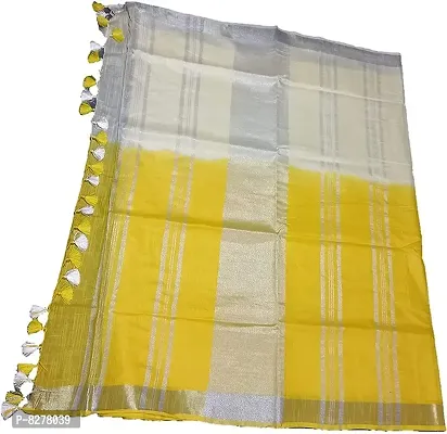 KNB Naz Boutique Handloom Women's Cotton Linen Simple And Sober Very Nice Bhagalpuri Linen-Slub Blend Two Dye Saree with Running Blouse Piece_Free Size 6.5 Meter Including Blouse (White Yellow)-thumb3