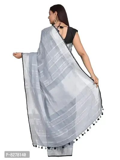 Naz Boutique Handloom Women's Bhagalpuri Linen Slub Saree With Blouse Color Paipin And Blouse Black Simple  Sober Free Size 5.5 Meter 80 Cm Blouse (Grey)-thumb3