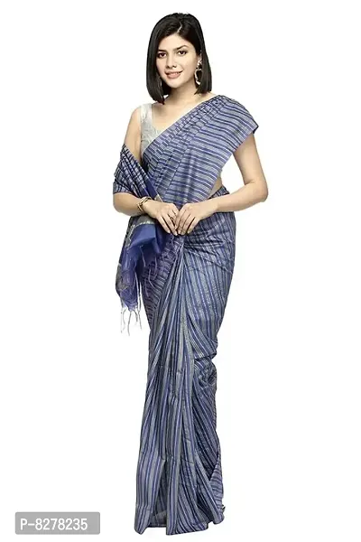 Naz Boutique_ Bhagalpuri Handloom Women's Cotton Art Silk Striped Saree Simple And Sober Saree With Running Blouse Light Weight Free Size 6.5 Meters Including Blouse (Blue)-thumb0