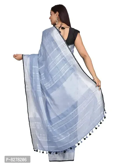 Naz Boutique Handloom Women's Bhagalpuri Linen Slub Saree With Blouse Color Paipin And Blouse Black Simple  Sober Free Size 5.5 Meter 80 Cm Blouse (Vista Blue)-thumb3