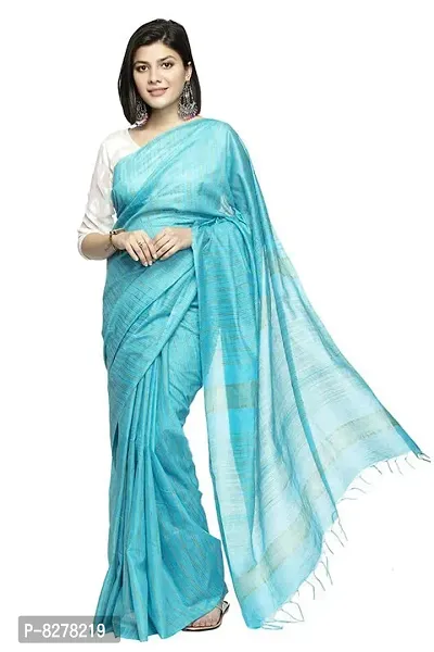 Naz Boutique_ Bhagalpuri Handloom Women's Cotton Art Silk Striped Saree Simple And Sober Saree With Running Blouse Light Weight Free Size 6.5 Meters Including Blouse (Sky Blue)