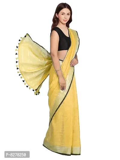 Naz Boutique Handloom Women's Bhagalpuri Linen Slub Saree With Blouse Color Paipin And Blouse Black Simple  Sober Free Size 5.5 Meter 80 Cm Blouse (Jasmine Yellow)-thumb2