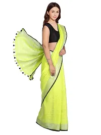 Naz Boutique Handloom Women's Bhagalpuri Linen Slub Saree With Blouse Color Paipin And Blouse Black Simple  Sober Free Size 5.5 Meter 80 Cm Blouse (Lime Green)-thumb1