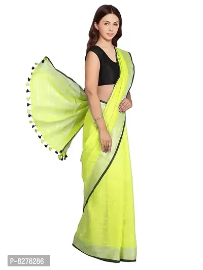 Naz Boutique Handloom Women's Bhagalpuri Linen Slub Saree With Blouse Color Paipin And Blouse Black Simple  Sober Free Size 5.5 Meter 80 Cm Blouse (Lime Green)-thumb2