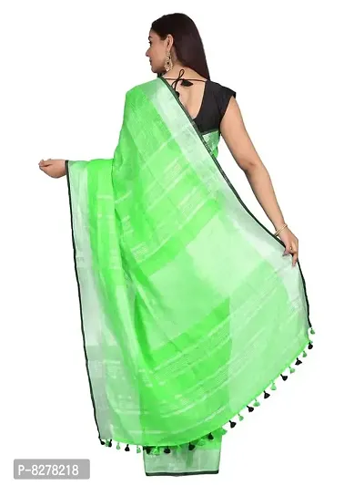 Naz Boutique Handloom Women's Bhagalpuri Linen Slub Saree With Blouse Color Paipin And Blouse Black Simple  Sober Free Size 5.5 Meter 80 Cm Blouse (Neon Green)-thumb3