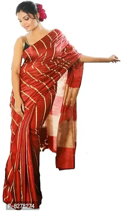 KNB Naz Boutique Bhagalpuri Handloom Women's Cotton Art Silk Strips Saree Self Golden Strips Design With Running Blouse Free Size 6.5 Meter Including Blouse (Redish Maroon)