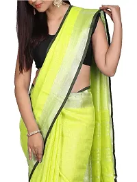 Naz Boutique Handloom Women's Bhagalpuri Linen Slub Saree With Blouse Color Paipin And Blouse Black Simple  Sober Free Size 5.5 Meter 80 Cm Blouse (Lime Green)-thumb3