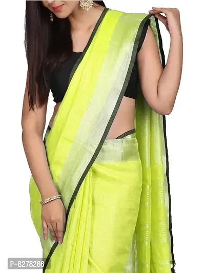 Naz Boutique Handloom Women's Bhagalpuri Linen Slub Saree With Blouse Color Paipin And Blouse Black Simple  Sober Free Size 5.5 Meter 80 Cm Blouse (Lime Green)-thumb4