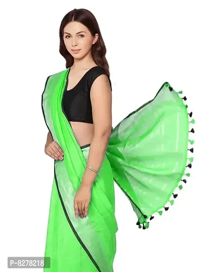 Naz Boutique Handloom Women's Bhagalpuri Linen Slub Saree With Blouse Color Paipin And Blouse Black Simple  Sober Free Size 5.5 Meter 80 Cm Blouse (Neon Green)-thumb5