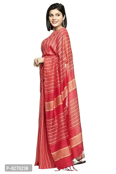 Naz Boutique Bhagalpuri Handloom Women's Cotton Art Silk Striped Saree Simple And Sober Saree With Running Blouse Light Weight Free Size 6.5 Meters Including Blouse (Red)-thumb2