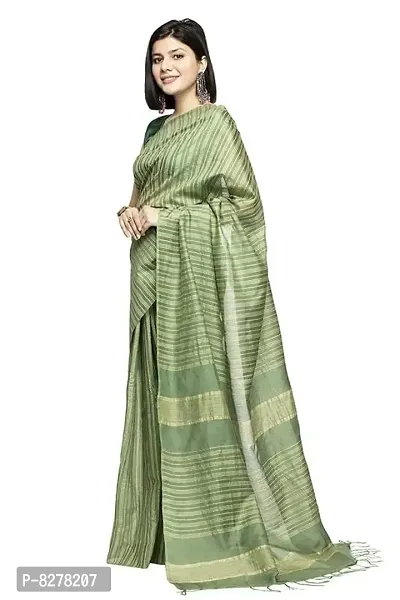 Naz Boutique Bhagalpuri Handloom Women's Cotton Art Silk Striped Saree Simple And Sober Saree With Running Blouse Light Weight Free Size 6.5 Meters Including Blouse (Green)-thumb2