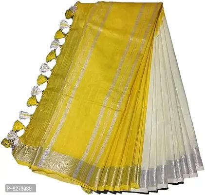 KNB Naz Boutique Handloom Women's Cotton Linen Simple And Sober Very Nice Bhagalpuri Linen-Slub Blend Two Dye Saree with Running Blouse Piece_Free Size 6.5 Meter Including Blouse (White Yellow)-thumb0