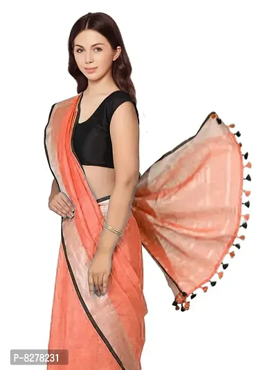 Naz Boutique Handloom Women's Bhagalpuri Linen Slub Saree With Blouse Color Paipin And Blouse Black Simple  Sober Free Size 5.5 Meter 80 Cm Blouse (Carol Orange)-thumb5