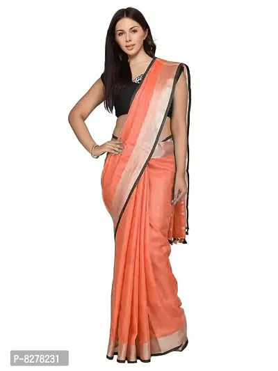 Naz Boutique Handloom Women's Bhagalpuri Linen Slub Saree With Blouse Color Paipin And Blouse Black Simple  Sober Free Size 5.5 Meter 80 Cm Blouse (Carol Orange)-thumb0