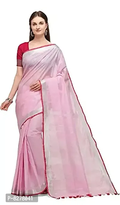 KNB Naz Boutique Bhagalpuri Handloom Women's Linen Slub Blend Saree Simple And Sober With Contrast Paipin And Blouse Free Size 6.5 Meter Including Blouse (Baby Pink)