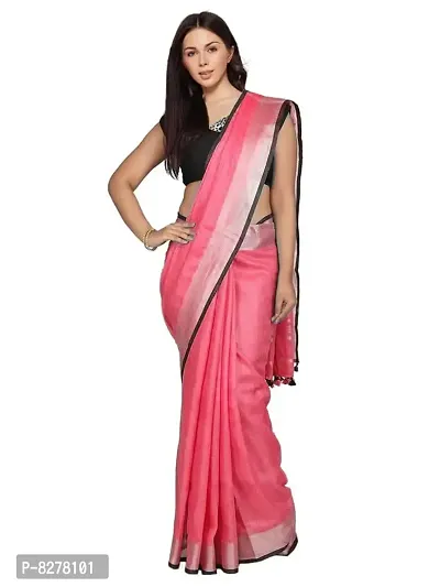 Naz Boutique_ Handloom Women's Bhagalpuri Linen Slub Saree With Blouse Color Paipin And Blouse Black Simple  Sober Free Size 5.5 Meter 80 Cm Blouse (Cerise Red)