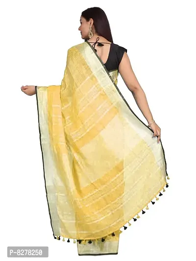 Naz Boutique Handloom Women's Bhagalpuri Linen Slub Saree With Blouse Color Paipin And Blouse Black Simple  Sober Free Size 5.5 Meter 80 Cm Blouse (Jasmine Yellow)-thumb3