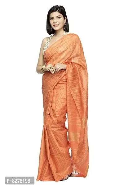 Naz Boutique_Bhagalpuri Handloom Women's Cotton Art Silk Striped Saree Simple And Sober Saree With Running Blouse Light Weight Free Size 6.5 Meters Including Blouse (Peach Orange)