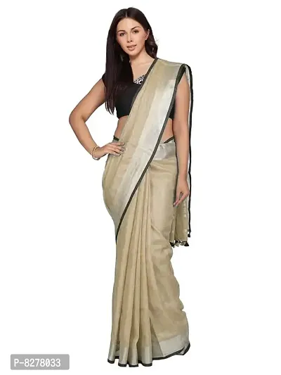 Naz Boutique Handloom Women's Bhagalpuri Linen Slub Saree With Blouse Color Paipin And Blouse Black Simple  Sober Free Size 5.5 Meter 80 Cm Blouse (Brown)-thumb0