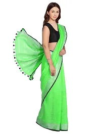 Naz Boutique Handloom Women's Bhagalpuri Linen Slub Saree With Blouse Color Paipin And Blouse Black Simple  Sober Free Size 5.5 Meter 80 Cm Blouse (Neon Green)-thumb1