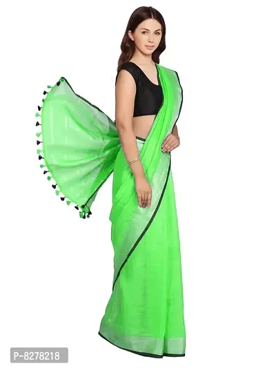 Naz Boutique Handloom Women's Bhagalpuri Linen Slub Saree With Blouse Color Paipin And Blouse Black Simple  Sober Free Size 5.5 Meter 80 Cm Blouse (Neon Green)-thumb2