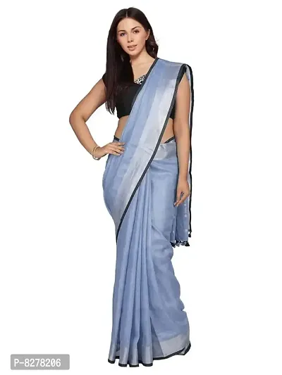 Naz Boutique Handloom Women's Bhagalpuri Linen Slub Saree With Blouse Color Paipin And Blouse Black Simple  Sober Free Size 5.5 Meter 80 Cm Blouse (Vista Blue)