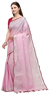 KNB Naz Boutique Bhagalpuri Handloom Women's Linen Slub Blend Saree Simple And Sober With Contrast Paipin And Blouse Free Size 6.5 Meter Including Blouse (Baby Pink)-thumb1