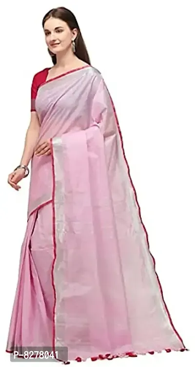 KNB Naz Boutique Bhagalpuri Handloom Women's Linen Slub Blend Saree Simple And Sober With Contrast Paipin And Blouse Free Size 6.5 Meter Including Blouse (Baby Pink)-thumb2