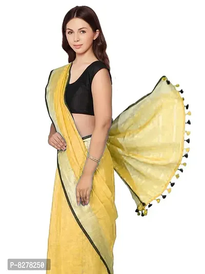 Naz Boutique Handloom Women's Bhagalpuri Linen Slub Saree With Blouse Color Paipin And Blouse Black Simple  Sober Free Size 5.5 Meter 80 Cm Blouse (Jasmine Yellow)-thumb5