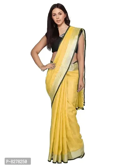 Naz Boutique Handloom Women's Bhagalpuri Linen Slub Saree With Blouse Color Paipin And Blouse Black Simple  Sober Free Size 5.5 Meter 80 Cm Blouse (Jasmine Yellow)-thumb0