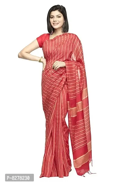 Naz Boutique Bhagalpuri Handloom Women's Cotton Art Silk Striped Saree Simple And Sober Saree With Running Blouse Light Weight Free Size 6.5 Meters Including Blouse (Red)